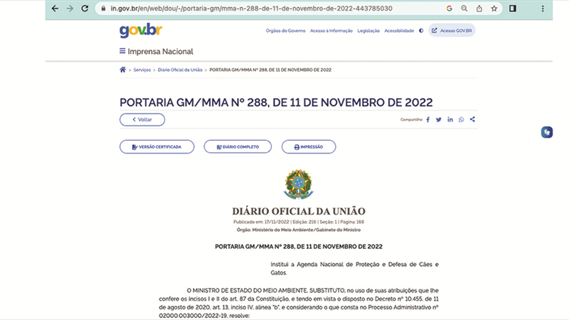 Página inicial da Portaria GM/MMA nº 288, publicada em 11 de novembro de 2022 