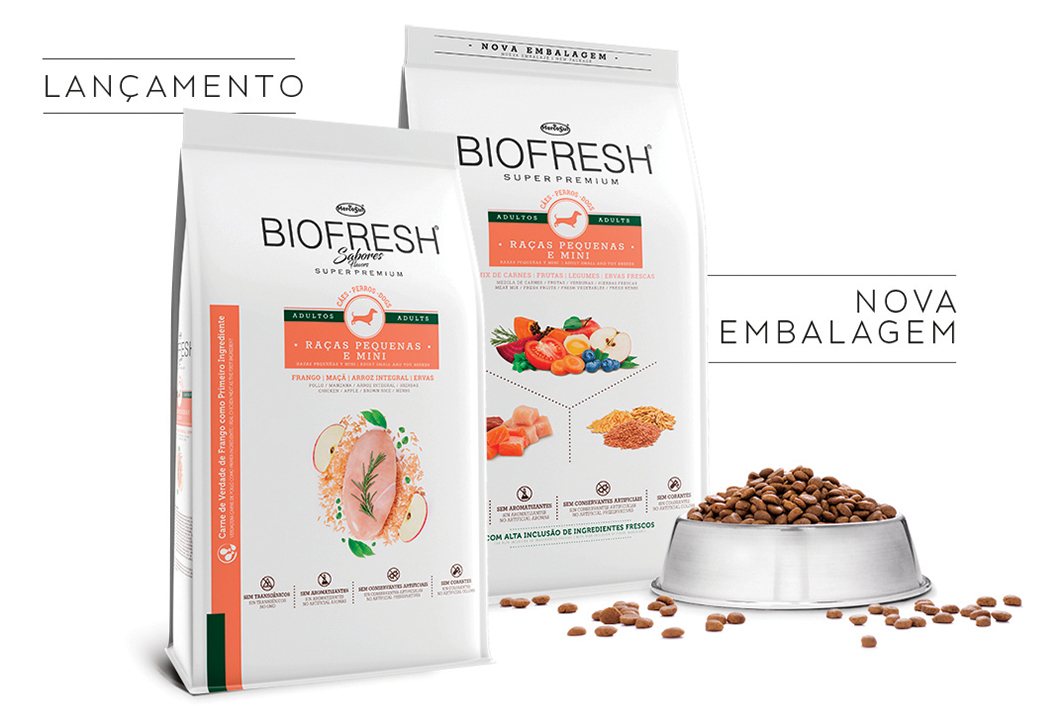 Novas embalagens, mais intuitivas e informativas, formulação aprimorada com novos ingredientes e dosagens e o lançamento do Biofresh Sabores, para pets adultos de paladar exigente, são as novidades da marca Biofresh para cães. Créditos: Divulgação Hercosul 