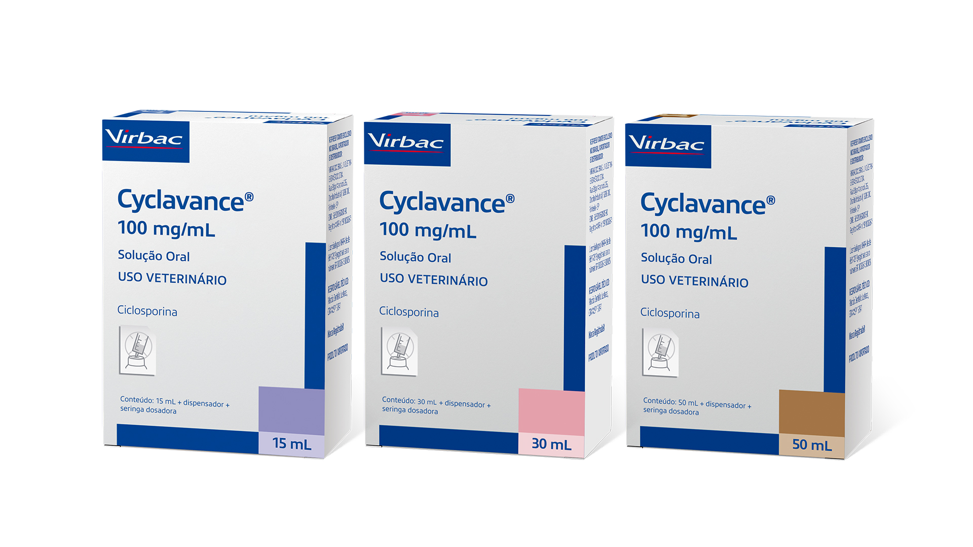 Cyclavance®, ciclosporina líquida em microemulsão com alta biodisponibilidade nas apresentações de 15 mL, 30 mL e 50 mL. Créditos: Divulgação Virbac 