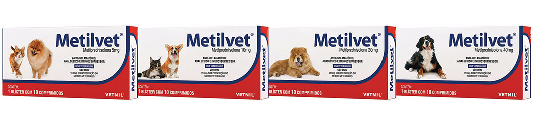Metilvet®, metilprednisolona com ação anti-inflamatória, analgésica e imunossupressora para uso oral em cães e gatos em quatro apresentações, de 5 mg, 10 mg, 20 mg e 40 mg. Créditos: Divulgação Vetnil 