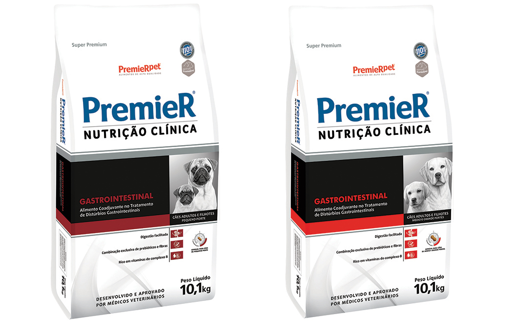 PremieR Nutrição Clínica Hipoalergênico Proteína Hidrolisada e Mandioca, nas apresentações para cães de pequeno porte (10,1 kg) e para cães de médio e grande portes (10,1 kg). Créditos: Divulgação PremieRpet 