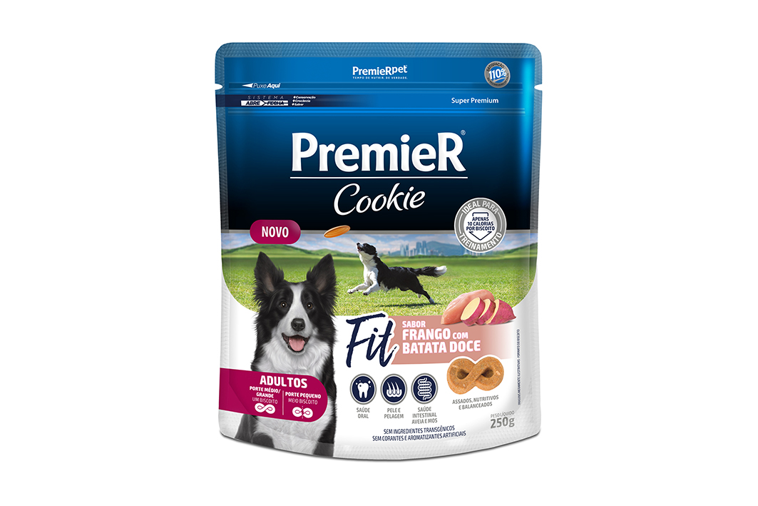 PremieR Cookie Fit sabor Frango com Batata Doce chega  ao mercado na apresentação de 250 g para cães adultos de todos os portes. Créditos: Divulgação PremieRpet 