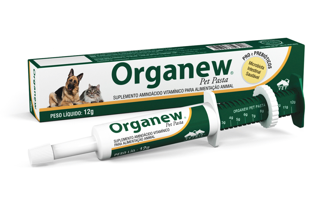 Organew Pet Pasta é encontrado em seringa com 12 g. Na versão pasta sabor baunilha, o produto pode ser
administrado diretamente na boca de cães, gatos e aves 